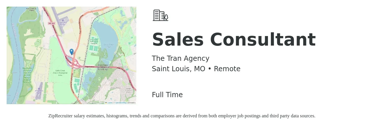 The Tran Agency job posting for a Sales Consultant in Saint Louis, MO with a salary of $4,100 to $8,800 Monthly with a map of Saint Louis location.