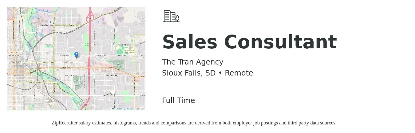 The Tran Agency job posting for a Sales Consultant in Sioux Falls, SD with a salary of $4,100 to $8,800 Monthly with a map of Sioux Falls location.