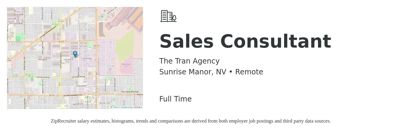 The Tran Agency job posting for a Sales Consultant in Sunrise Manor, NV with a salary of $4,100 to $8,800 Monthly with a map of Sunrise Manor location.