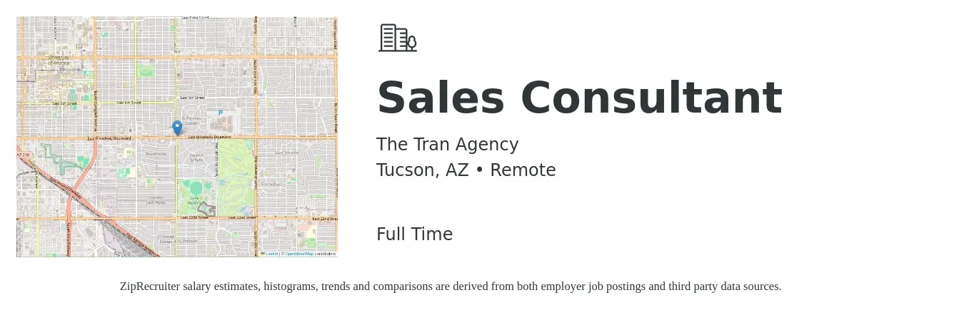 The Tran Agency job posting for a Sales Consultant in Tucson, AZ with a salary of $4,100 to $8,800 Monthly with a map of Tucson location.