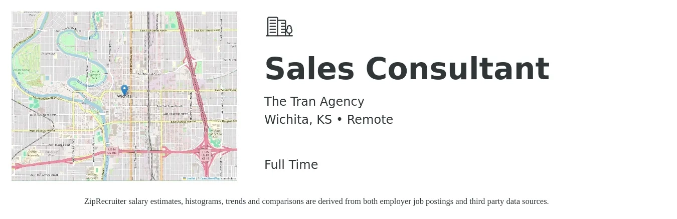 The Tran Agency job posting for a Sales Consultant in Wichita, KS with a salary of $4,100 to $8,800 Monthly with a map of Wichita location.