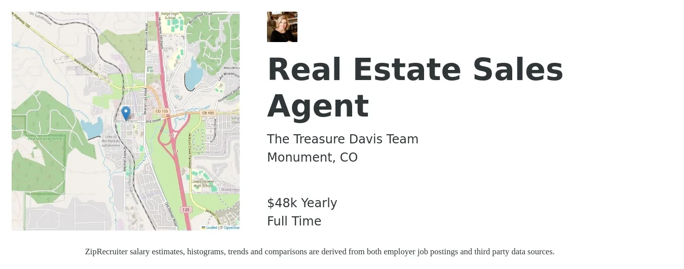 The Treasure Davis Team job posting for a Real Estate Sales Agent in Monument, CO with a salary of $48,227 Yearly with a map of Monument location.