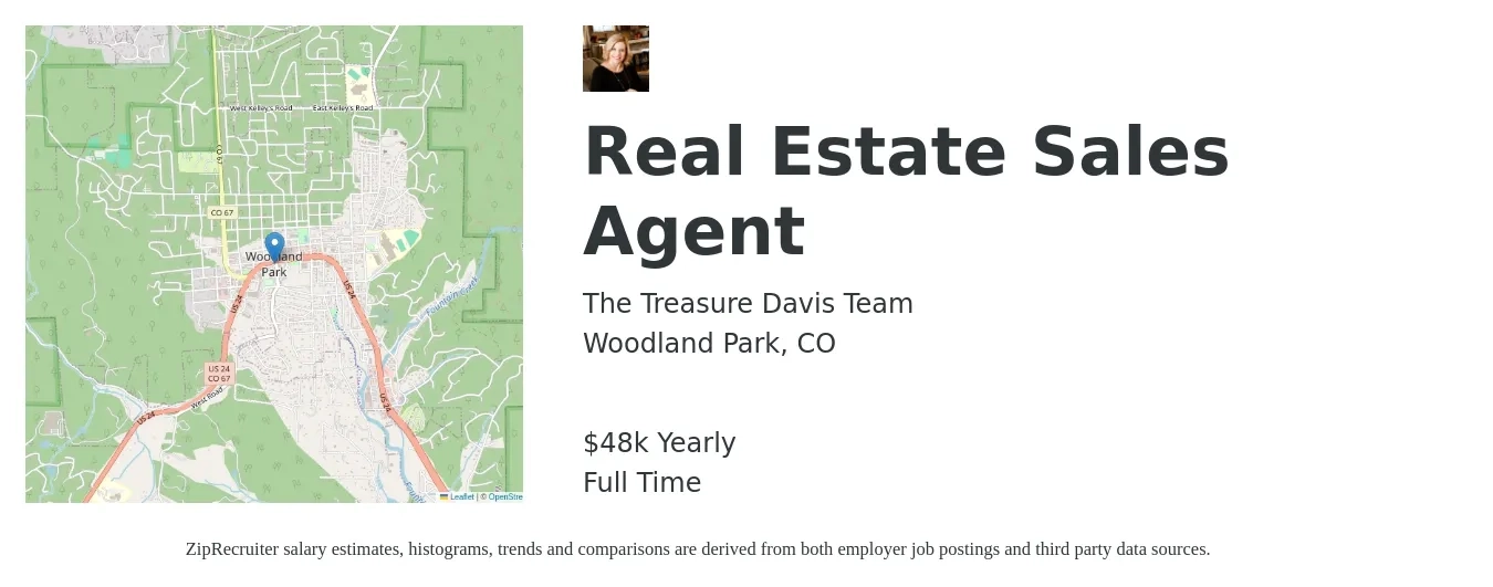 The Treasure Davis Team job posting for a Real Estate Sales Agent in Woodland Park, CO with a salary of $48,227 Yearly with a map of Woodland Park location.