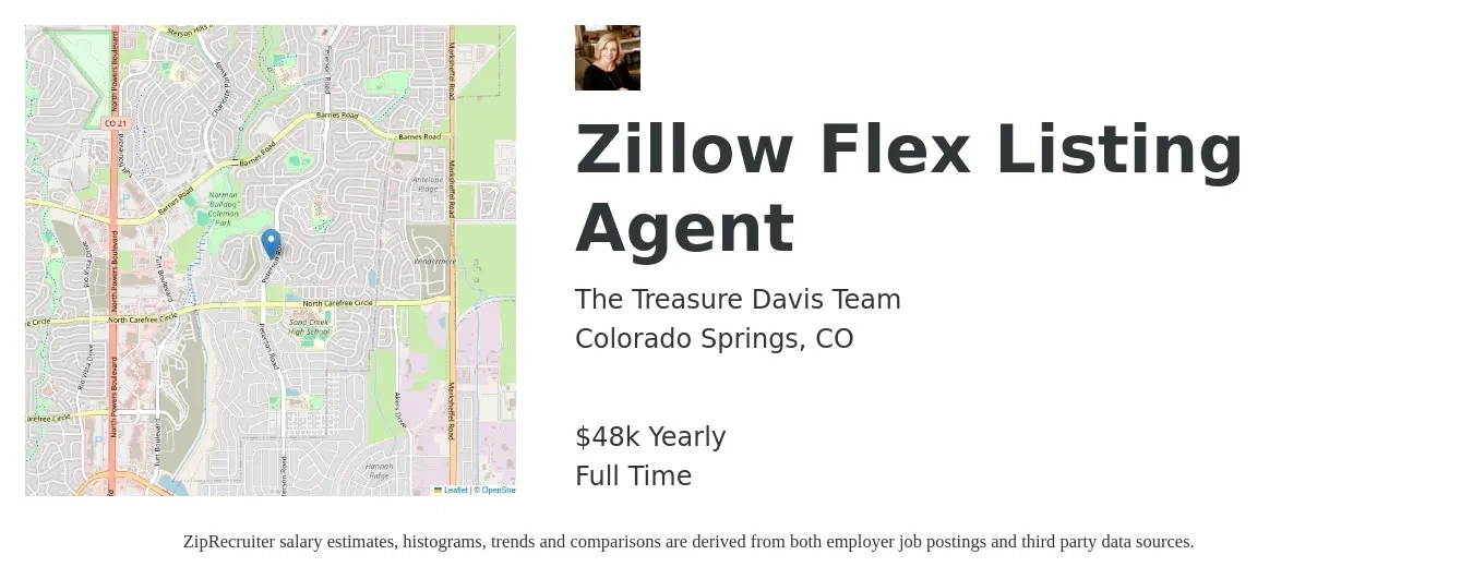The Treasure Davis Team job posting for a Zillow Flex Listing Agent in Colorado Springs, CO with a salary of $48,227 Yearly with a map of Colorado Springs location.