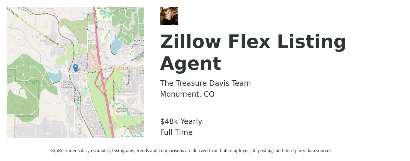 The Treasure Davis Team job posting for a Zillow Flex Listing Agent in Monument, CO with a salary of $48,227 Yearly with a map of Monument location.