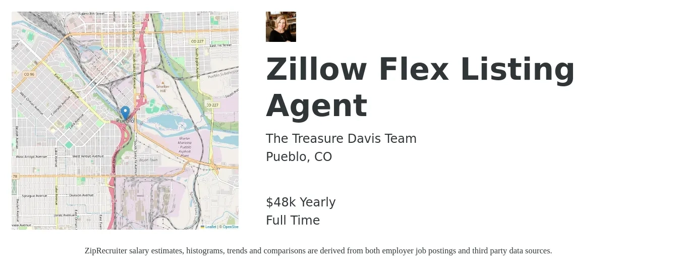The Treasure Davis Team job posting for a Zillow Flex Listing Agent in Pueblo, CO with a salary of $48,227 Yearly with a map of Pueblo location.