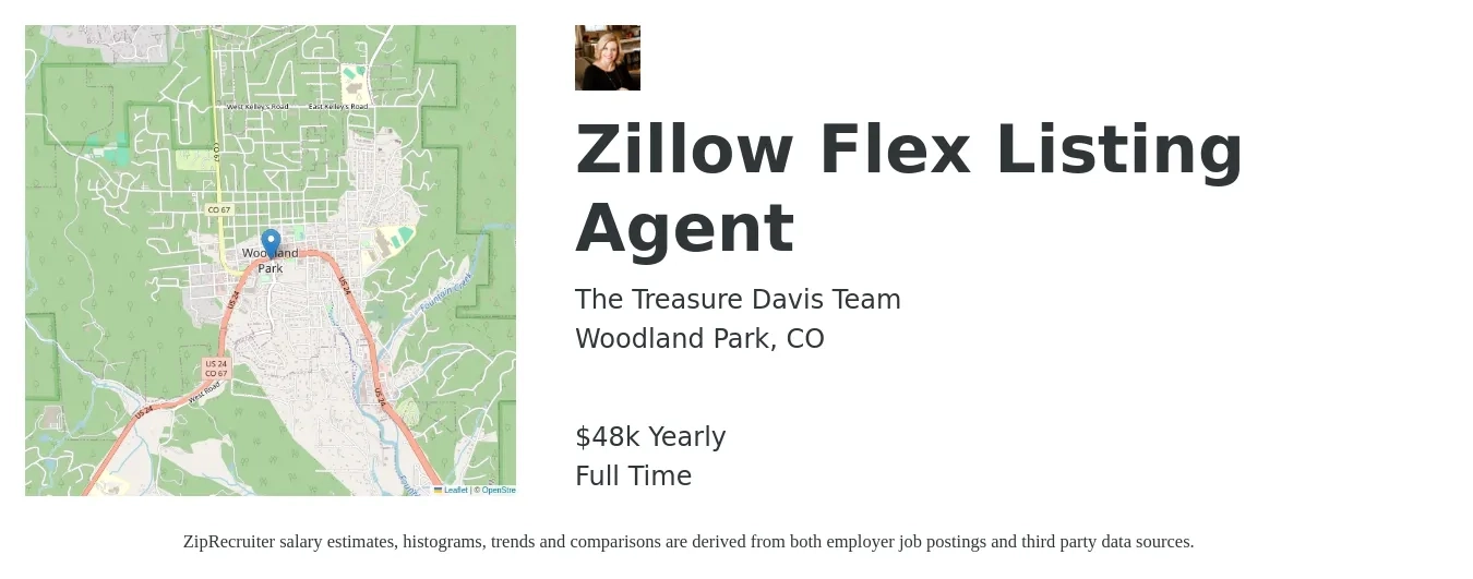The Treasure Davis Team job posting for a Zillow Flex Listing Agent in Woodland Park, CO with a salary of $48,227 Yearly with a map of Woodland Park location.