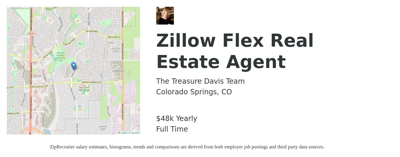 The Treasure Davis Team job posting for a Zillow Flex Real Estate Agent in Colorado Springs, CO with a salary of $48,227 Yearly with a map of Colorado Springs location.