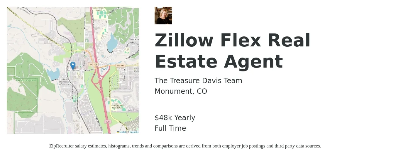 The Treasure Davis Team job posting for a Zillow Flex Real Estate Agent in Monument, CO with a salary of $48,227 Yearly with a map of Monument location.