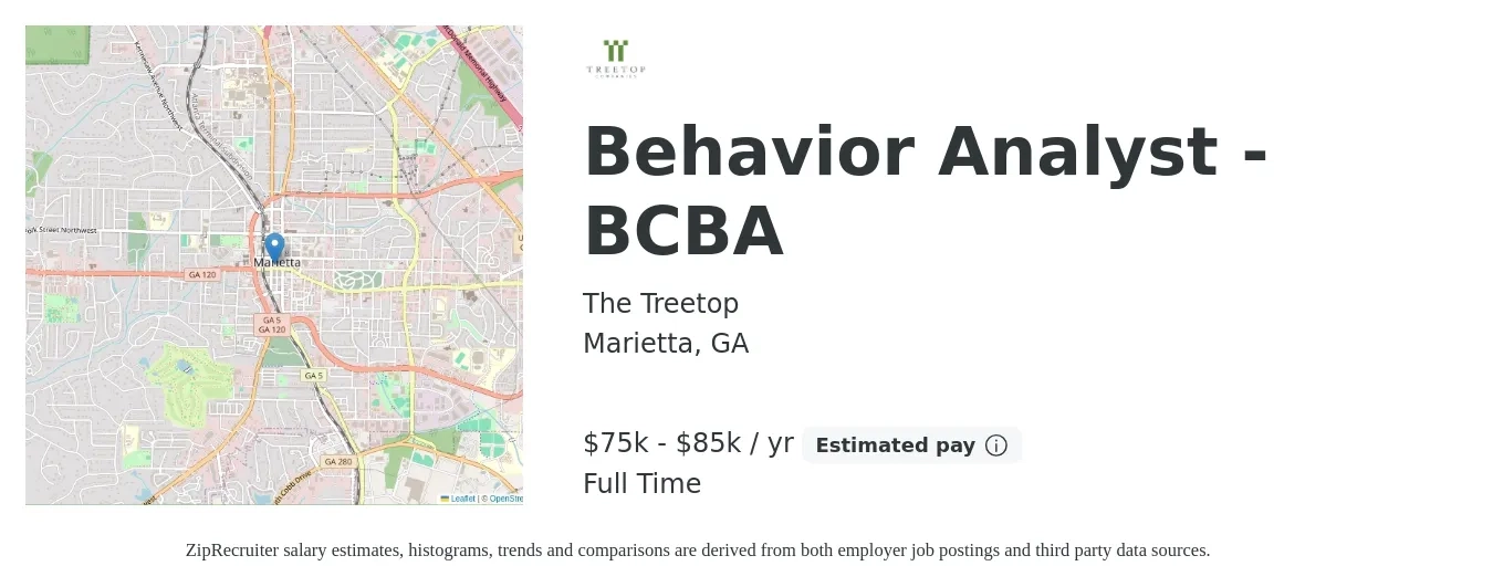 The Treetop job posting for a Behavior Analyst - BCBA in Marietta, GA with a salary of $75,000 to $85,000 Yearly with a map of Marietta location.