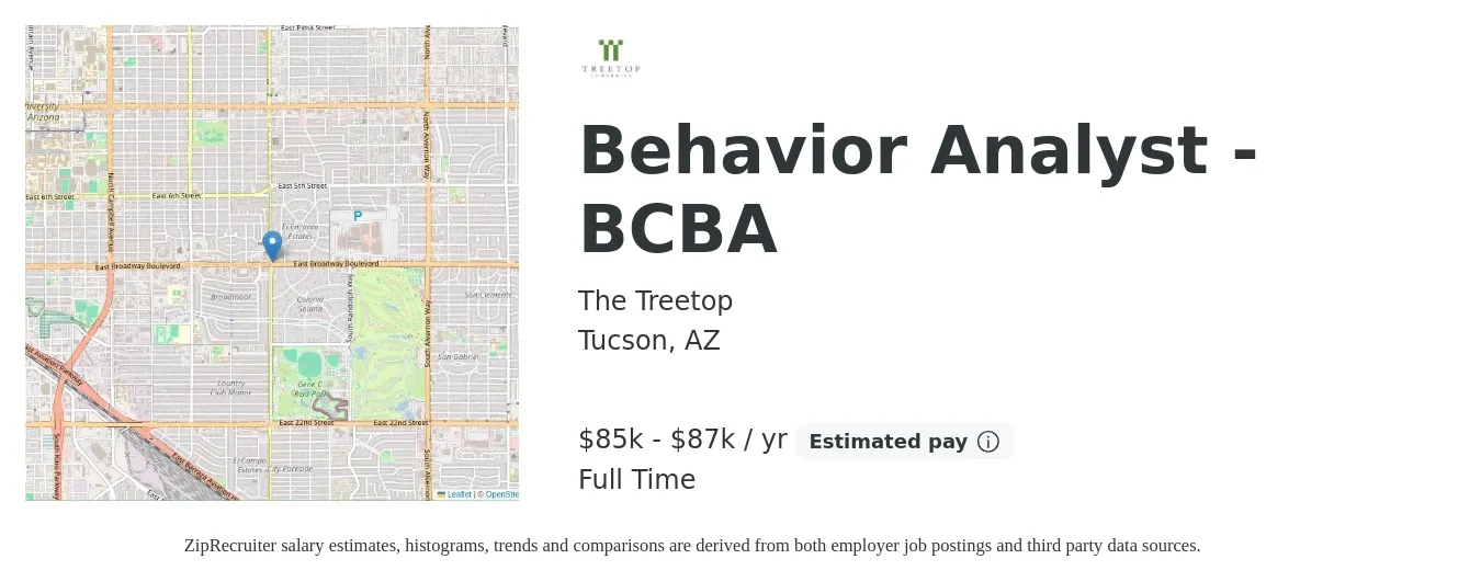 The Treetop job posting for a Behavior Analyst - BCBA in Tucson, AZ with a salary of $85,000 to $87,000 Yearly with a map of Tucson location.