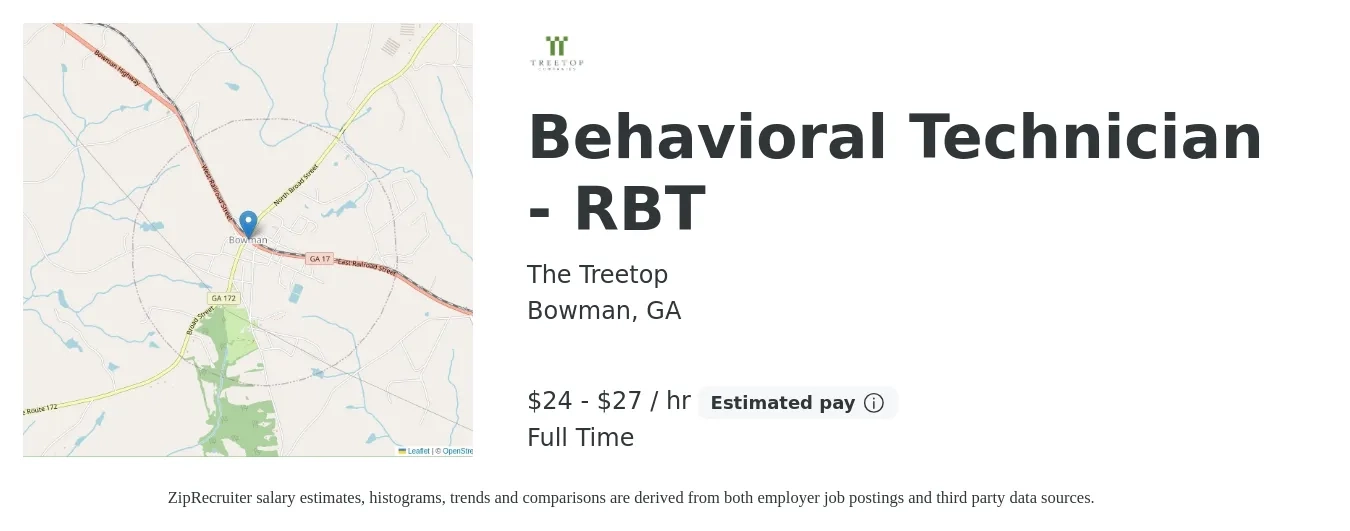 The Treetop job posting for a Behavioral Technician - RBT in Bowman, GA with a salary of $25 to $29 Hourly with a map of Bowman location.