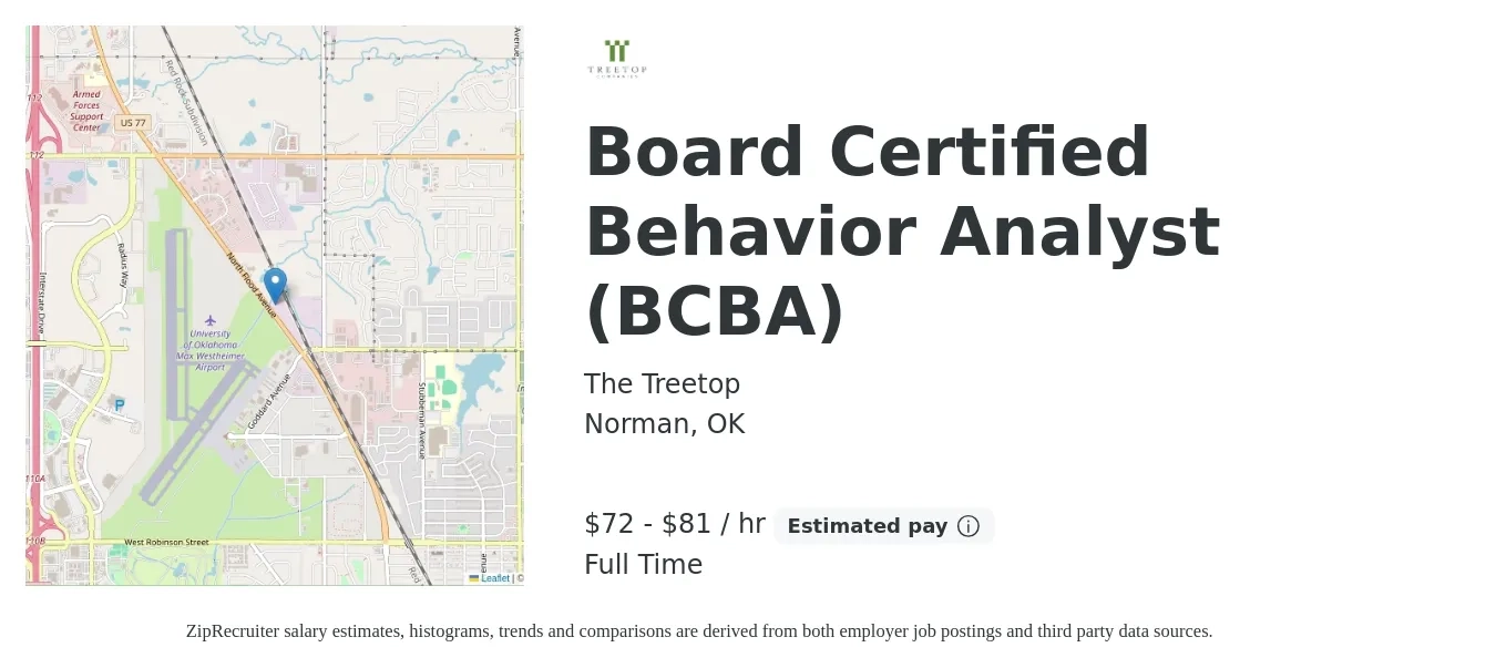 The Treetop job posting for a Board Certified Behavior Analyst (BCBA) in Norman, OK with a salary of $75 to $85 Hourly with a map of Norman location.