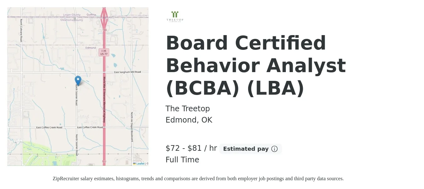 The Treetop job posting for a Board Certified Behavior Analyst (BCBA) (LBA) in Edmond, OK with a salary of $75 to $85 Hourly with a map of Edmond location.
