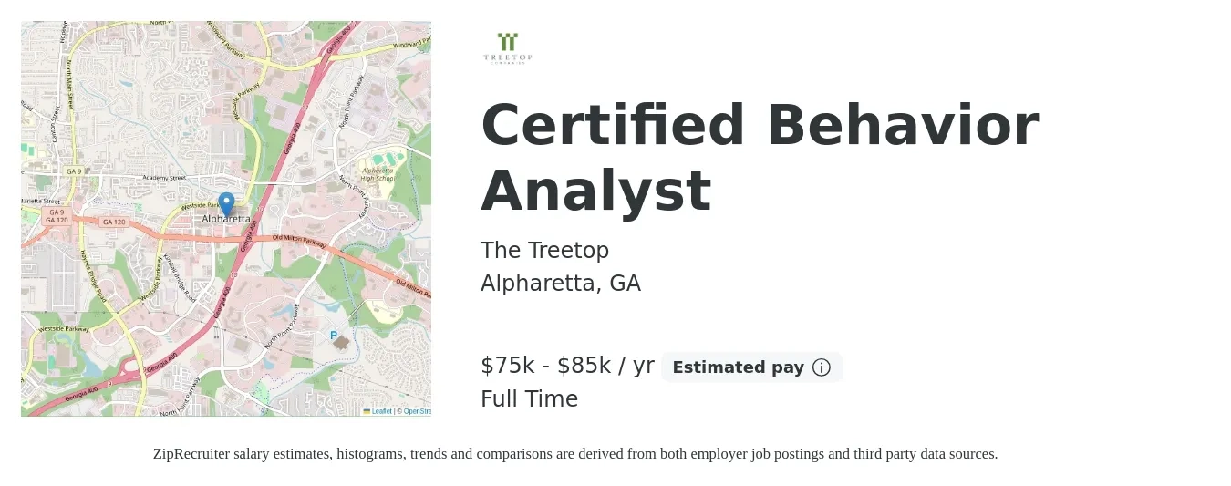 The Treetop job posting for a Certified Behavior Analyst in Alpharetta, GA with a salary of $75,000 to $85,000 Yearly with a map of Alpharetta location.