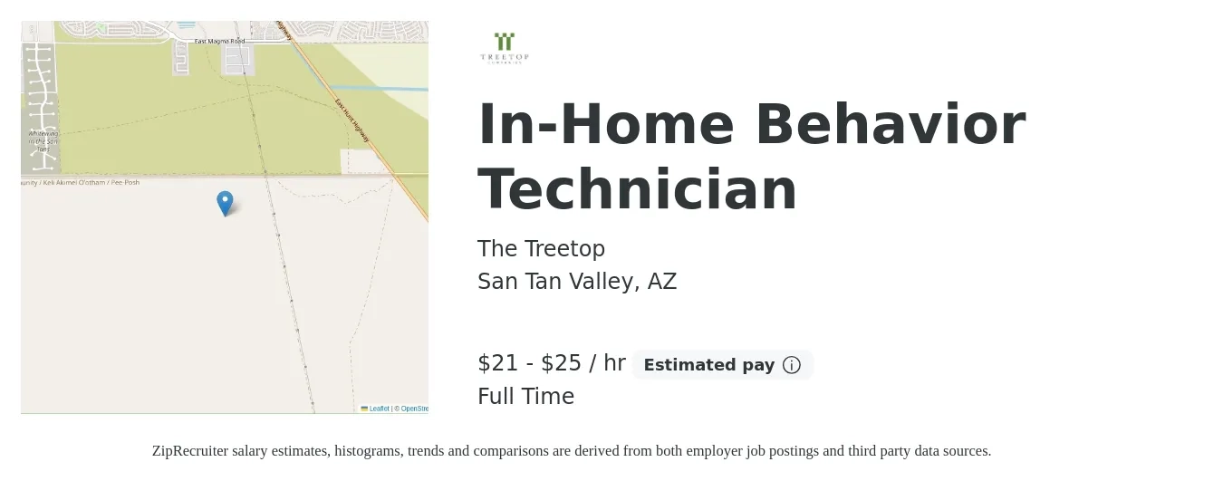 The Treetop job posting for a In-Home Behavior Technician in San Tan Valley, AZ with a salary of $22 to $26 Hourly with a map of San Tan Valley location.