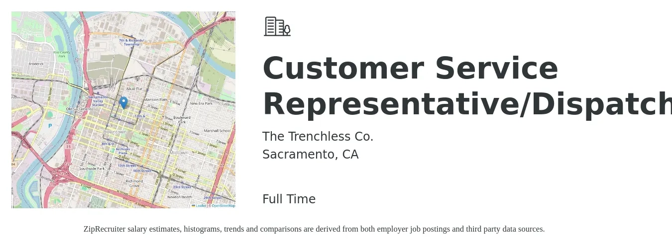 The Trenchless Co. job posting for a Customer Service Representative/Dispatcher in Sacramento, CA with a salary of $17 to $23 Hourly with a map of Sacramento location.