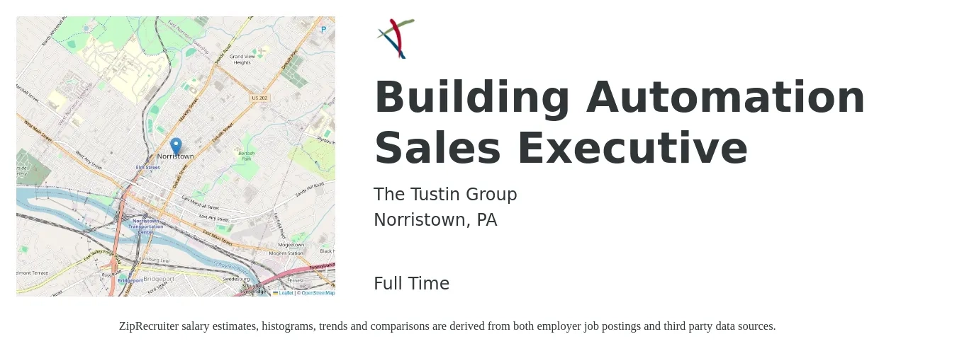 The Tustin Group job posting for a Building Automation Sales Executive in Norristown, PA with a salary of $54,400 to $93,500 Yearly with a map of Norristown location.