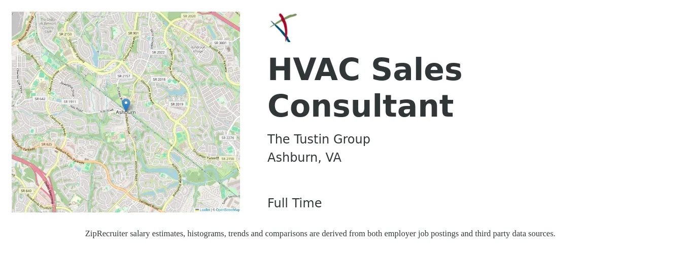 The Tustin Group job posting for a HVAC Sales Consultant in Ashburn, VA with a salary of $41,400 to $81,300 Yearly with a map of Ashburn location.