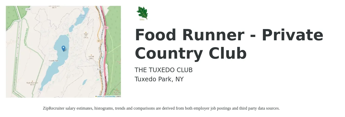 THE TUXEDO CLUB job posting for a Food Runner - Private Country Club in Tuxedo Park, NY with a salary of $16 to $18 Hourly with a map of Tuxedo Park location.