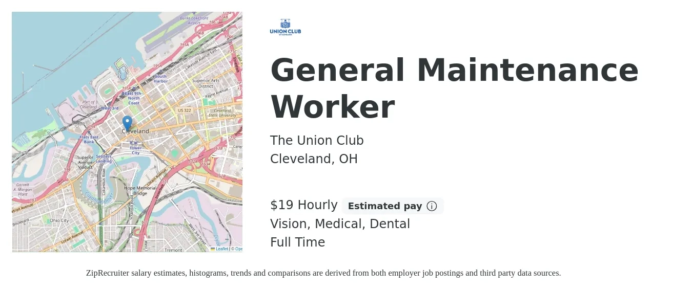The Union Club job posting for a General Maintenance Worker in Cleveland, OH with a salary of $20 Hourly and benefits including dental, life_insurance, medical, retirement, and vision with a map of Cleveland location.