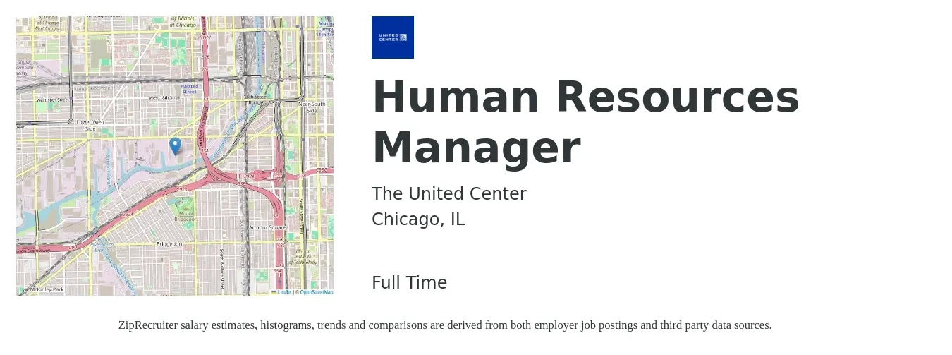 The United Center job posting for a Human Resources Manager in Chicago, IL with a salary of $71,500 to $103,600 Yearly with a map of Chicago location.