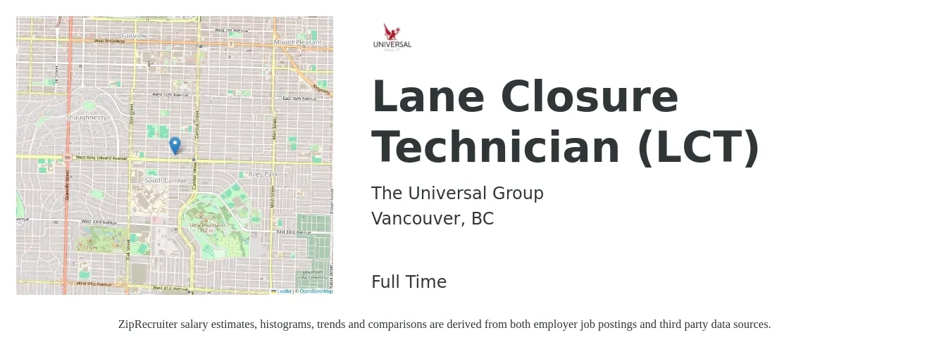 The Universal Group job posting for a Lane Closure Technician (LCT) in Vancouver, BC with a salary of $26 to $30 Hourly with a map of Vancouver location.