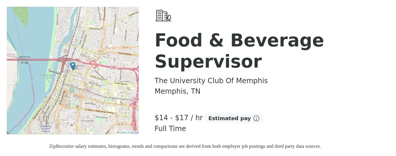 The University Club Of Memphis job posting for a Food & Beverage Supervisor in Memphis, TN with a salary of $15 to $18 Hourly with a map of Memphis location.