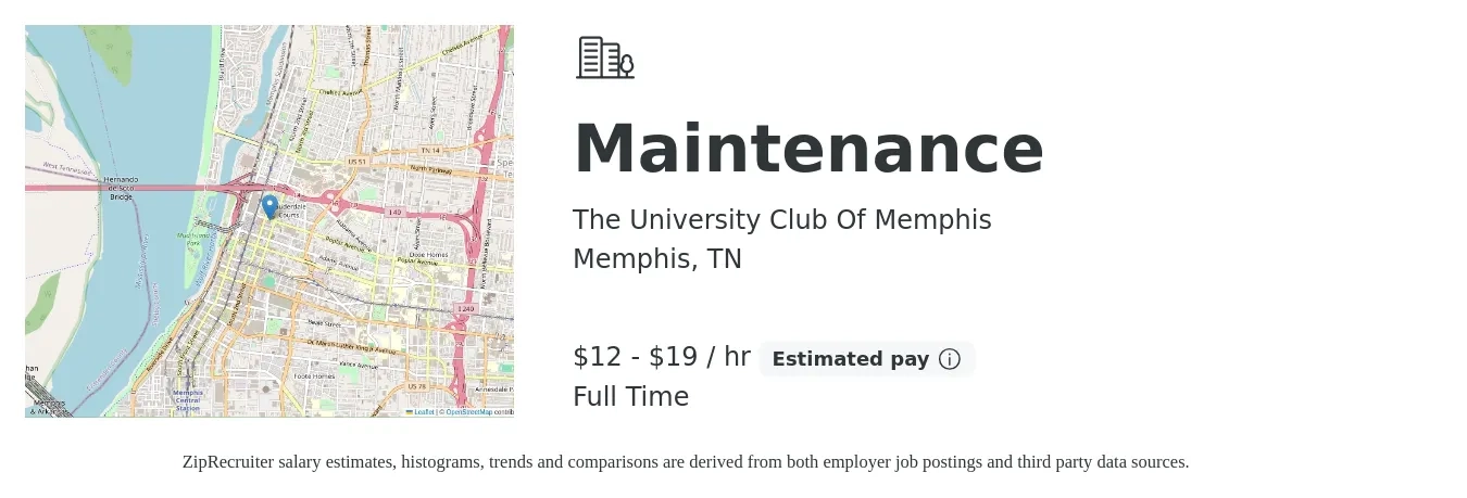 The University Club Of Memphis job posting for a Maintenance in Memphis, TN with a salary of $13 to $20 Hourly with a map of Memphis location.