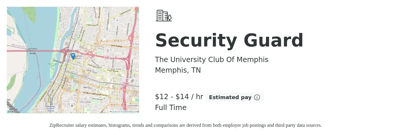 The University Club Of Memphis job posting for a Security Guard in Memphis, TN with a salary of $14 to $15 Hourly with a map of Memphis location.