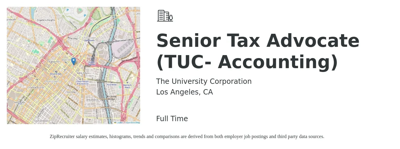 The University Corporation job posting for a Senior Tax Advocate (TUC- Accounting) in Los Angeles, CA with a salary of $46,900 to $67,900 Yearly with a map of Los Angeles location.