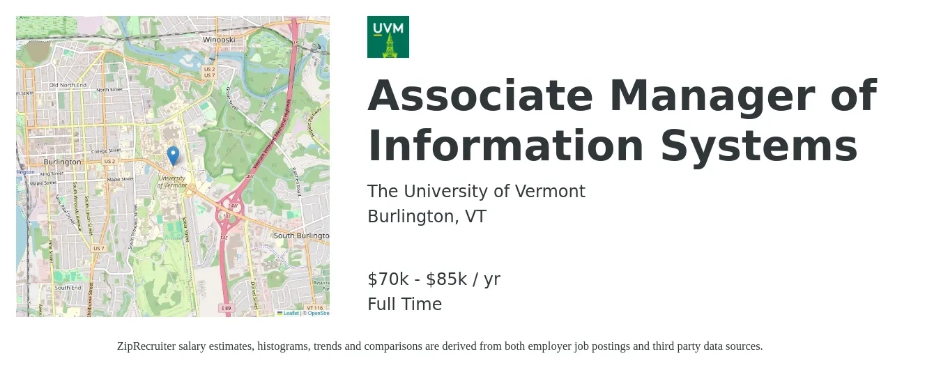 The University of Vermont job posting for a Associate Manager of Information Systems in Burlington, VT with a salary of $70,000 to $85,000 Yearly with a map of Burlington location.