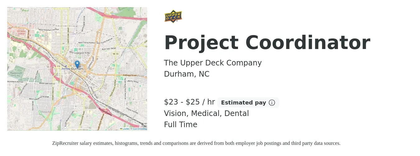 The Upper Deck Company job posting for a Project Coordinator in Durham, NC with a salary of $24 to $26 Hourly and benefits including retirement, vision, dental, life_insurance, and medical with a map of Durham location.