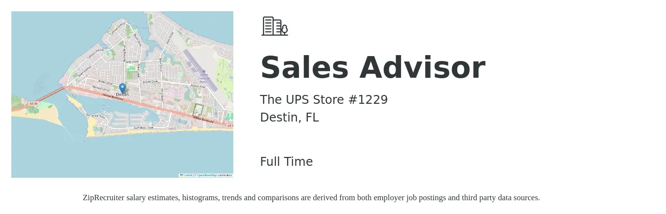 The UPS Store #1229 job posting for a Sales Advisor in Destin, FL with a salary of $18 to $29 Hourly with a map of Destin location.