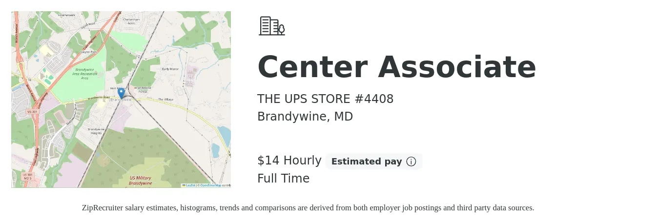 THE UPS STORE #4408 job posting for a Center Associate in Brandywine, MD with a salary of $15 Hourly (plus commission) and benefits including retirement with a map of Brandywine location.