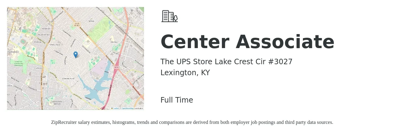 The UPS Store Lake Crest Cir #3027 job posting for a Center Associate in Lexington, KY with a salary of $16 to $21 Hourly with a map of Lexington location.