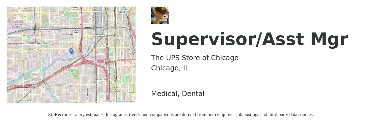 The UPS Store of Chicago job posting for a Supervisor/Asst Mgr in Chicago, IL and benefits including medical, retirement, and dental with a map of Chicago location.