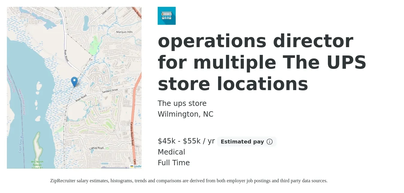 The ups store job posting for a operations director for multiple The UPS store locations in Wilmington, NC with a salary of $45,000 to $55,000 Yearly (plus commission) and benefits including medical, retirement, and life_insurance with a map of Wilmington location.