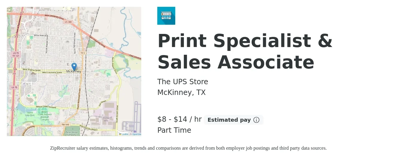 The UPS Store job posting for a Print Specialist & Sales Associate in McKinney, TX with a salary of $9 to $15 Hourly with a map of McKinney location.