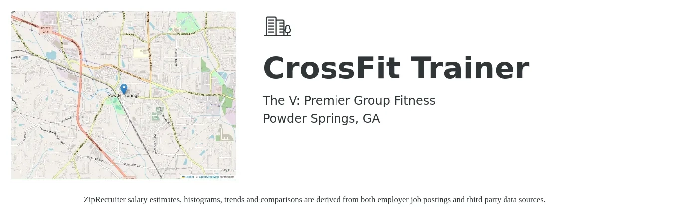 The V: Premier Group Fitness job posting for a CrossFit Trainer in Powder Springs, GA with a salary of $20 to $30 Hourly with a map of Powder Springs location.