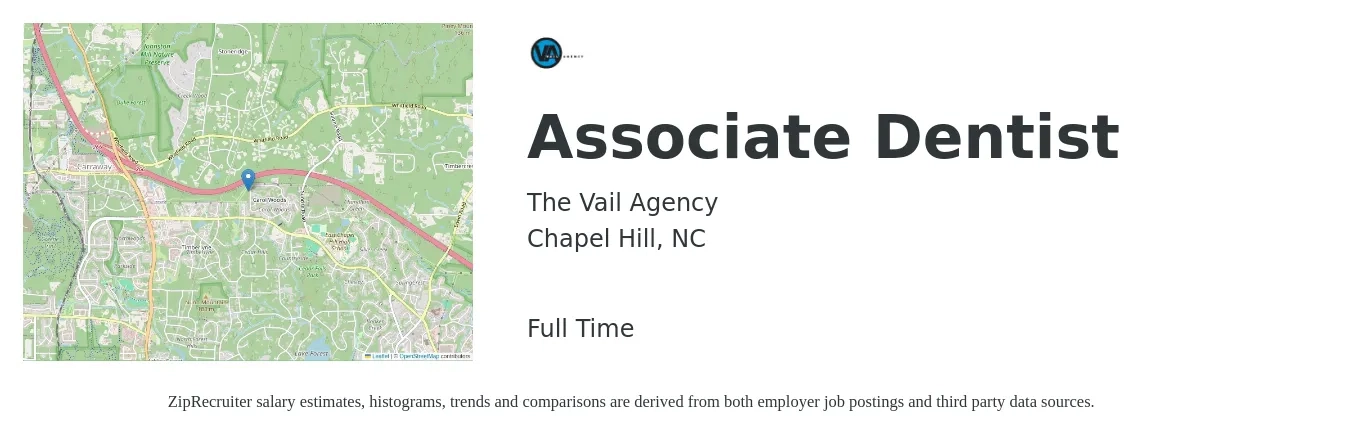 The Vail Agency job posting for a Associate Dentist in Chapel Hill, NC with a salary of $35,700 to $180,800 Yearly with a map of Chapel Hill location.