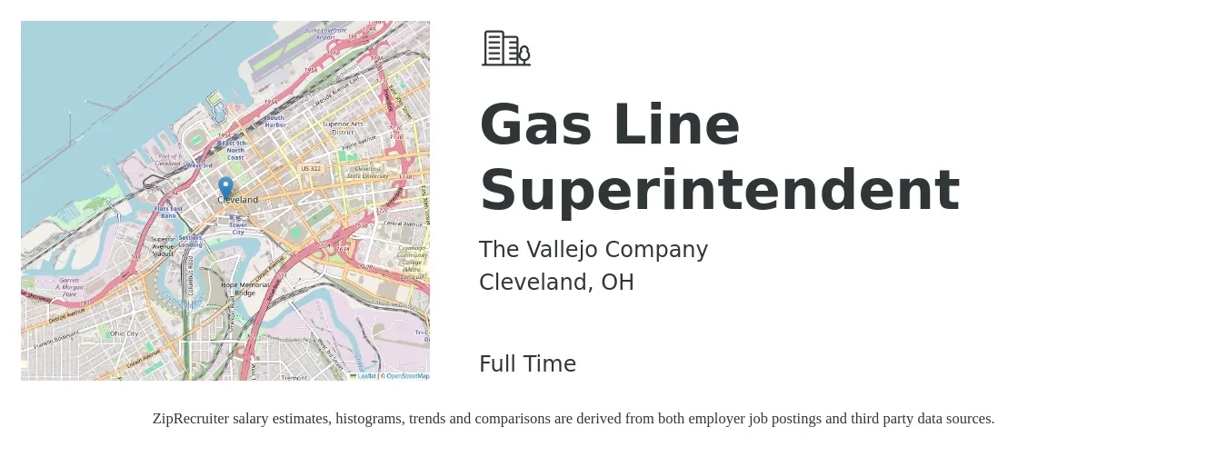 The Vallejo Company job posting for a Gas Line Superintendent in Cleveland, OH with a salary of $100,000 to $110,000 Yearly with a map of Cleveland location.