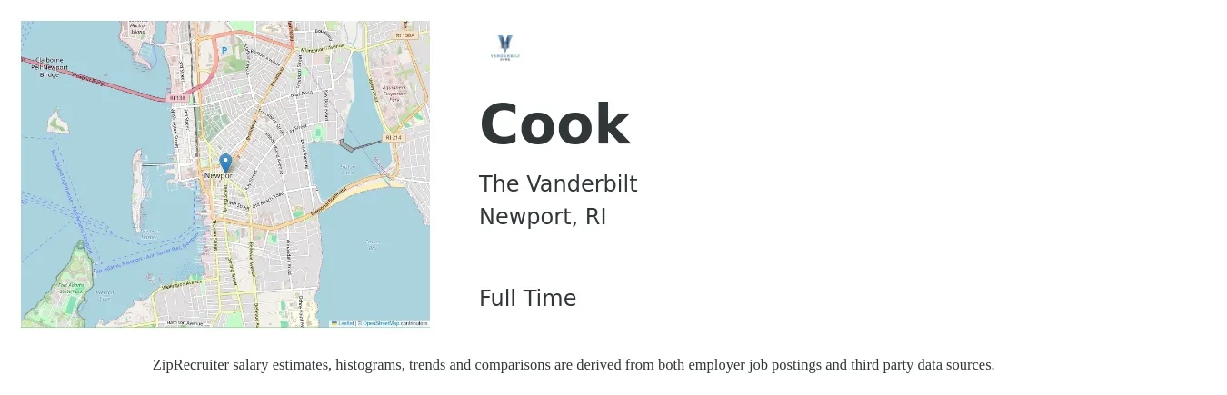 The Vanderbilt job posting for a Cook in Newport, RI with a salary of $14 to $19 Hourly with a map of Newport location.