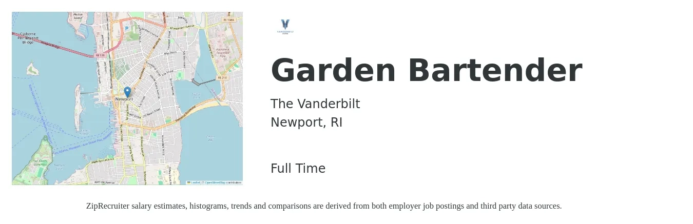 The Vanderbilt job posting for a Garden Bartender in Newport, RI with a salary of $10 to $19 Hourly with a map of Newport location.