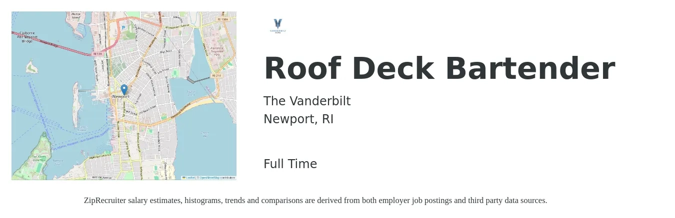 The Vanderbilt job posting for a Roof Deck Bartender in Newport, RI with a salary of $10 to $19 Hourly with a map of Newport location.