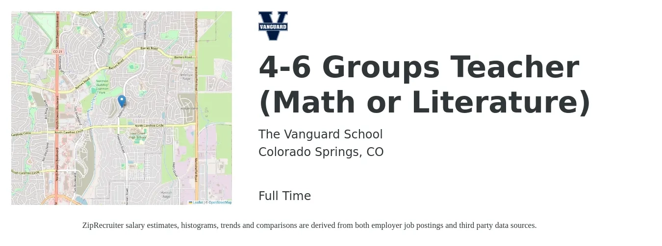 The Vanguard School job posting for a 4-6 Groups Teacher (Math or Literature) in Colorado Springs, CO with a salary of $19 Hourly with a map of Colorado Springs location.