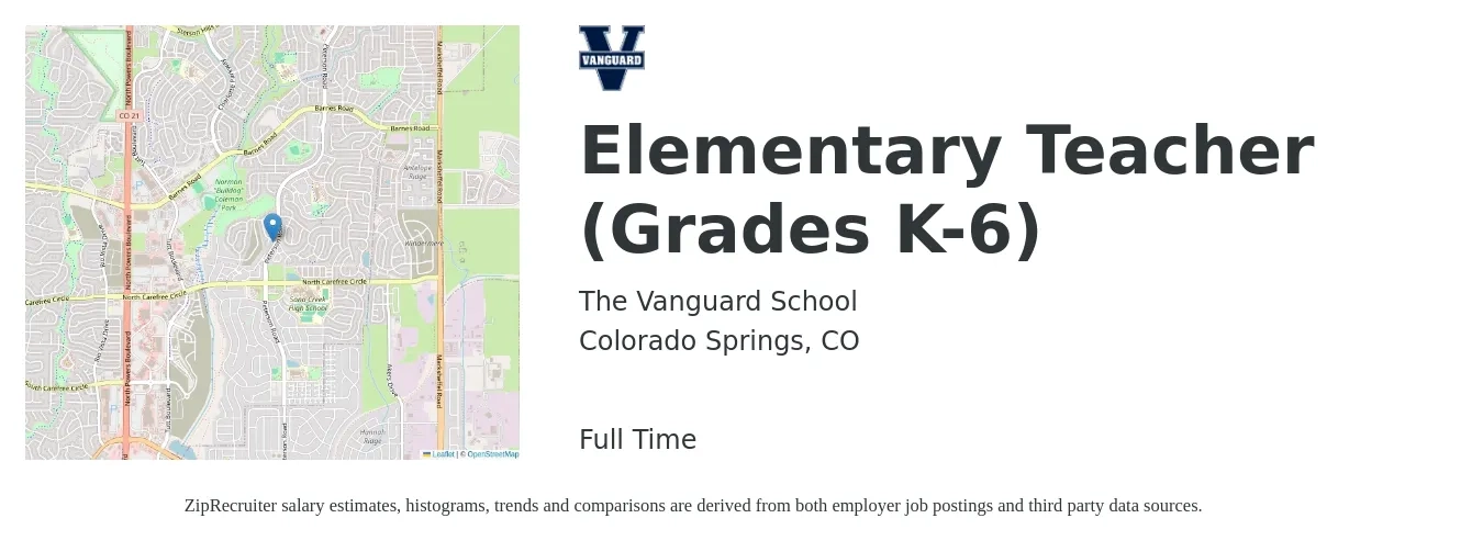 The Vanguard School job posting for a Elementary Teacher (Grades K-6) in Colorado Springs, CO with a salary of $45,000 Yearly with a map of Colorado Springs location.