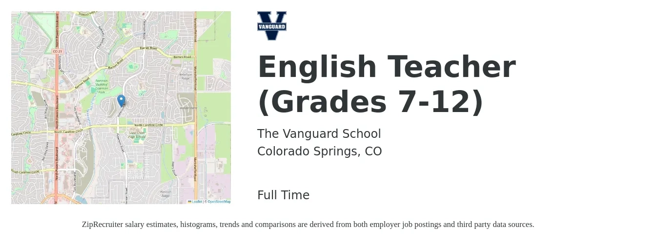 The Vanguard School job posting for a English Teacher (Grades 7-12) in Colorado Springs, CO with a salary of $45,000 Yearly with a map of Colorado Springs location.