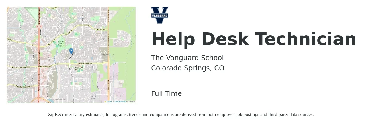 The Vanguard School job posting for a Help Desk Technician in Colorado Springs, CO with a salary of $17 to $19 Hourly with a map of Colorado Springs location.