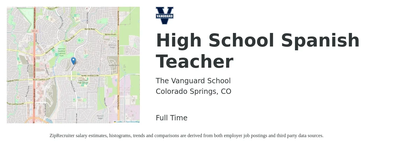 The Vanguard School job posting for a High School Spanish Teacher in Colorado Springs, CO with a salary of $45,000 Yearly with a map of Colorado Springs location.